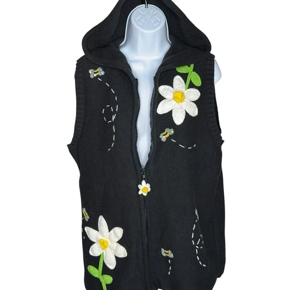 Quacker Factory Sweater Vest Daisy Bees Hooded Zip Up Embellished Embroidered Lg - Picture 9 of 11